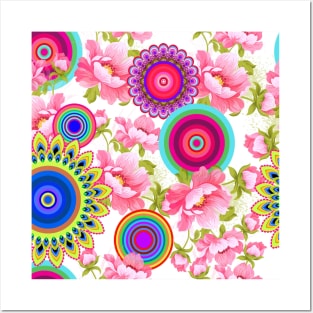 Floral pattern with colorful geometric motifs Posters and Art